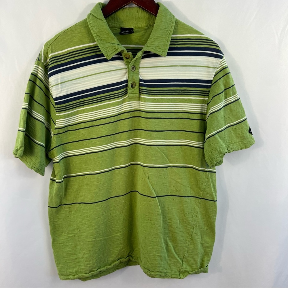 prAna Shirt Mens M Medium Retro Polo Shirt Short Sleeve Green Striped Organic